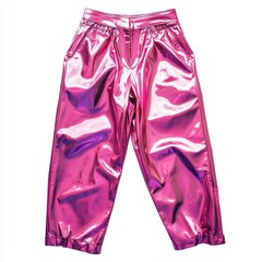 Metallic pink leather pants with a structured silhouette isolated on white