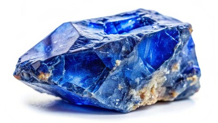 Fototapeta premium Amazing closeup macro of natural raw blue Sapphire mineral gemstone isolated on white background. High quality photo of Natural Blue Crystal rough stone for ...