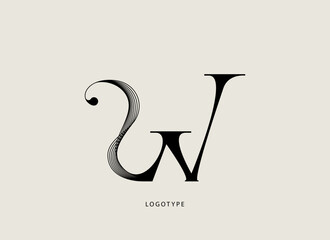Letter "W" vector logo. Classic logotype with thin lines pattern and curls.