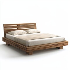 Minimalist wooden bed frame with slatted headboard isolated on white