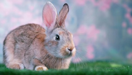 Fototapeta premium Firefly rabbit poses gracefully on green grass with colorful background