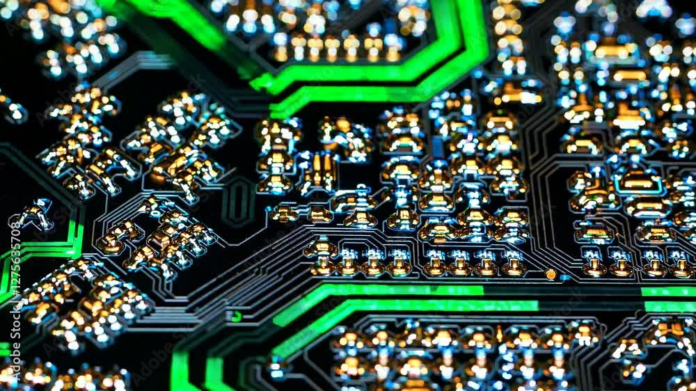 Poster Detailed view of electronic circuit board highlights intricate design and components