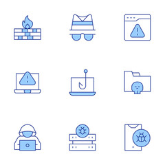 Hacker icons set. Line Duotone style, editable stroke. computer, firewall, hacker, phishing, server, virus, warning