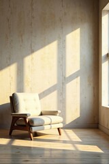 Fototapeta premium Sunlight Illuminates a Modern Armchair in a Room with a Textured Wall