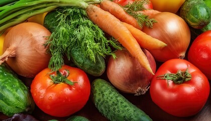 Vibrant arrangement of fresh vegetables including tomatoes, cucumbers, and carrots in a colorful display