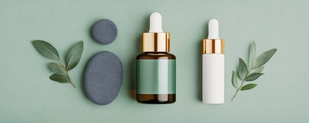 Skincare products display with essential oils beauty studio photography minimalist environment close-up view