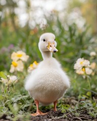 Fluffy duckling standing in a colorful flower garden