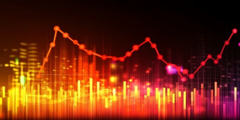Vibrant Cityscape at Night with Illuminated Buildings and a Falling Graph Economic Downturn Concept