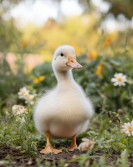 Cute fluffy duckling in garden surrounded by flowers on sunny day
