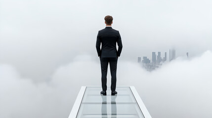 Obraz premium businessman stands confidently on glass bridge above clouds, overlooking city