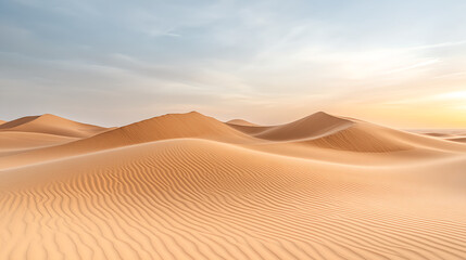 Majestic desert landscape with golden sand dunes under serene sky