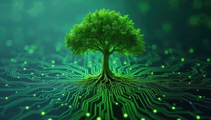 Green tree grows from glowing circuit board. Futuristic concept tech nature connection, progress, evolution. Digital network background, artificial intelligence, cybersecurity, data protection