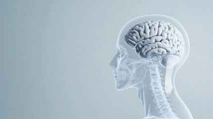 Transparent human head profile showcasing brain and spine anatomy