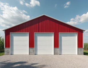 Fototapeta premium Red metal building with three garage doors under blue sky. Farm storage construction, modern architecture in rural countryside. Steel prefabricated structure for business, industry or agriculture.