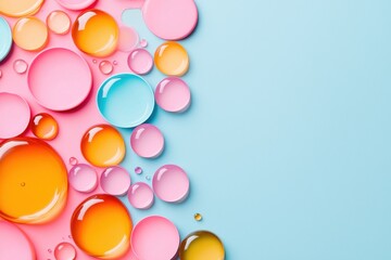 Colorful water droplets on pink and blue background abstract design modern art studio setting close-up view