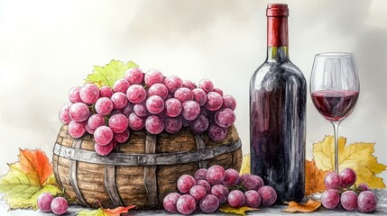 Obraz premium Watercolor Still Life of Grapes, Wine Bottle, and Wineglass