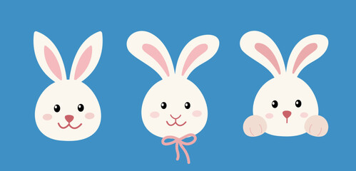 Set of cute white bunny head icon.
Easter rabbit.
Flat stock vector illustration.
Good for card,poster, banner, leaflet .