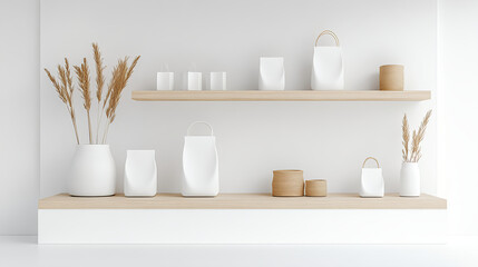 Minimalist display with white vases and natural decor elements