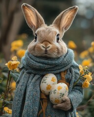 Charming rabbit holding floral easter eggs in yellow blossoms