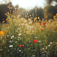 Fototapeta premium Summer Meadow Bloom: Vibrant wildflowers bathed in the warm glow of sunset, creating a picturesque scene of natural beauty.