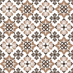Brown flower damask seamless pattern with decorative elements. Design for wallpaper, pattern fills, web page background, rugs, sarees, curtains, tiles, and pottery. Baroque style.