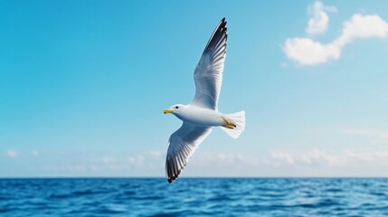 Fototapeta premium Seagull Soaring Over the Ocean Under Bright Blue Sky