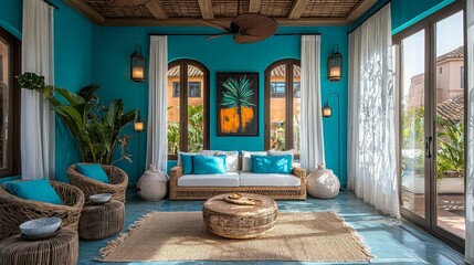 Turquoise living room with rattan furniture, tropical art, and patio views