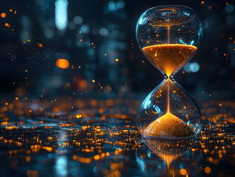 Hourglass with Glowing Sand Transitioning into Business Symbols Representing Time Sensitive Strategies