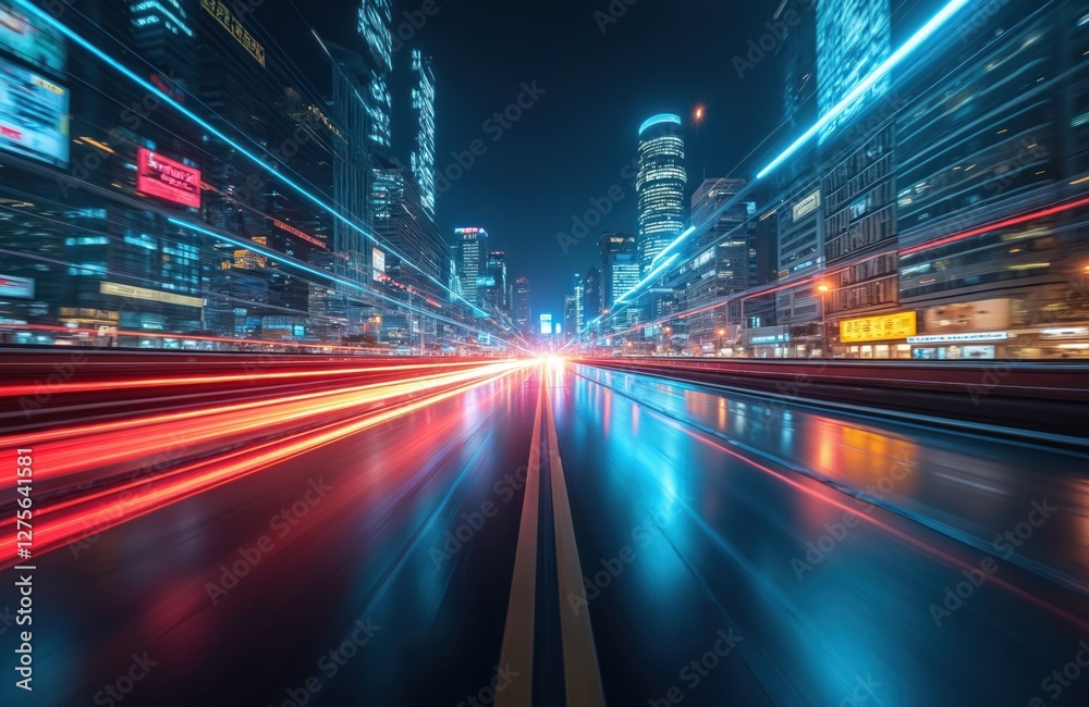 Poster motion blur on city road at night shows digital data flow. concept of data transfer, future digital 