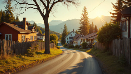 Obraz premium Scenic rural village street at sunset with rustic wooden houses, warm golden light, and mountain landscape in the background – peaceful countryside scenery