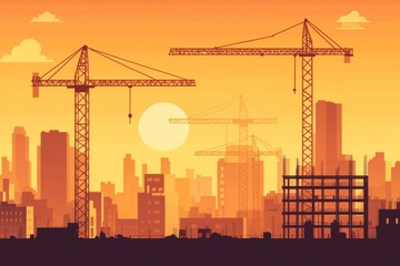 Sunset city construction cranes urban development
