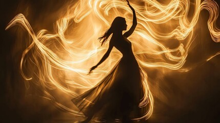 Woman dancing in golden light; artistic silhouette; abstract background