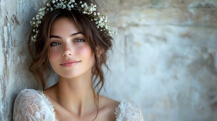 Glowing Crystal Crown Adorns Serene Woman s Portrait on White Backdrop