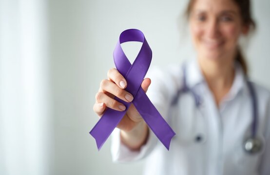Woman doctor holds purple ribbon for supporting people living with pancreatic cancer, Alzheimer disease, epilepsy, lupus and domestic violence day awareness month. Healthcare concept. Symbol of hope.