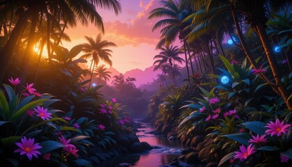 As daylight fades, vibrant colors fill the sky while a calm river reflects the beauty of the scene. Lush plants and blooming flowers create a serene oasis in a tropical paradise