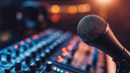 A sleek recording studio with professional microphones, headphones, and mixing boards. digital