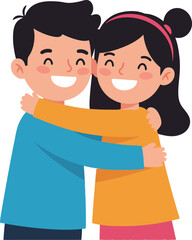 Fototapeta premium Two joyful children embracing in colorful clothing, showcasing happiness and friendship in a flat vector illustration