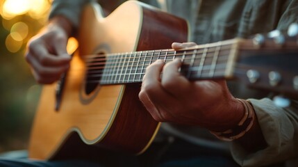 Fototapeta premium Musician playing acoustic guitar at sunset