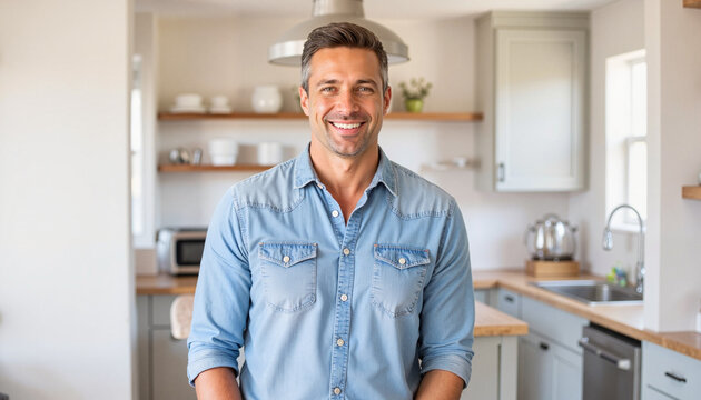 Friendly home renovation expert smiling in modern kitchen, home improvement