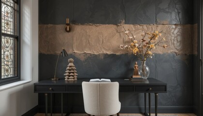 A meticulously designed home office blends earthy tones with stylish decor