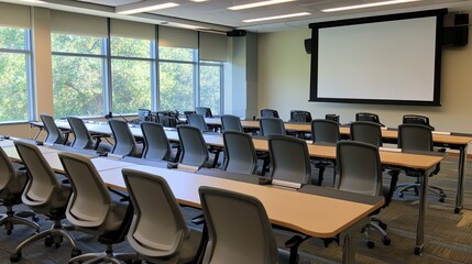 A professional seminar room setup with clean seating and a projector screen. digital