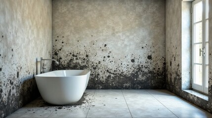 A solitary freestanding bathtub sits in a room with severely mold-damaged walls and floor, a scene depicting the urgent need for restoration and repair.
