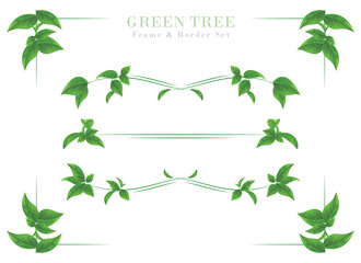 青葉,新緑のフレームとボーダーのセット｜木の葉のリアルなベクターイラスト｜春夏の景色