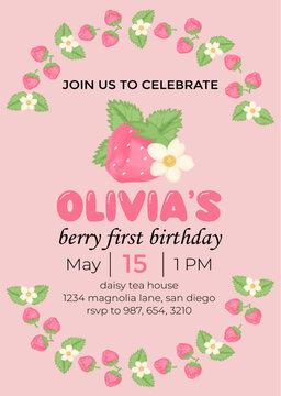 Birthday invitation card vector template. Strawberry birthday Party theme with strawberry watercolor background.