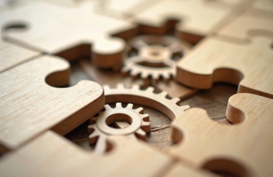 Wooden gears under puzzle represent moving to next level. Cogwheels come out from jigsaw. Connection concept of solution, success, teamwork in business, tech.