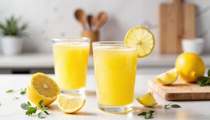 Fototapeta premium Fresh squeezed lemon juice on kitchen counter, vibrant wellness