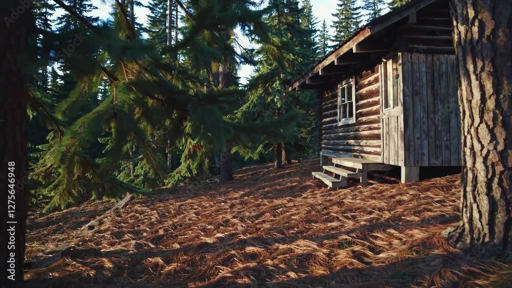 Poster exploring a rustic cabin in a tranquil forest during golden hour light