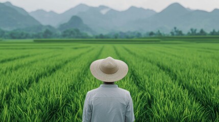 Person in Straw Hat Overlooking Lush Green Rice Terraces with Mountains in Background
