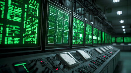 Fototapeta premium Futuristic Control Room with Green Displays and Data Panels