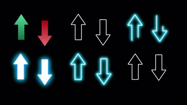 Set of simple minimal motion graphic arrow, upward, moving down, glow neon, white outline, red green, financial business animated symbol, on a transparent background, alpha channel